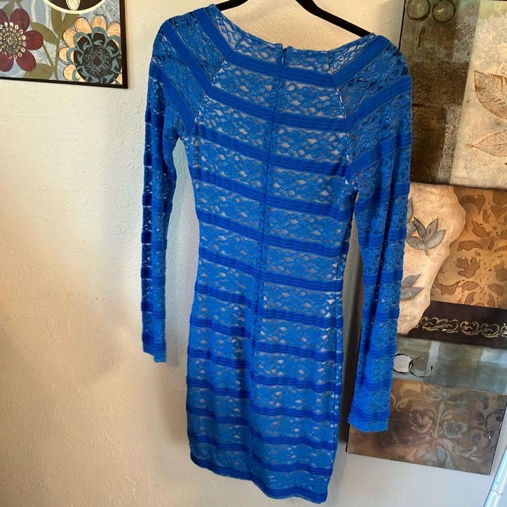 Bebe Blue Lace Dress with Long Sleeves Gorgeous Body-con Stretchy S - Picture 13 of 16
